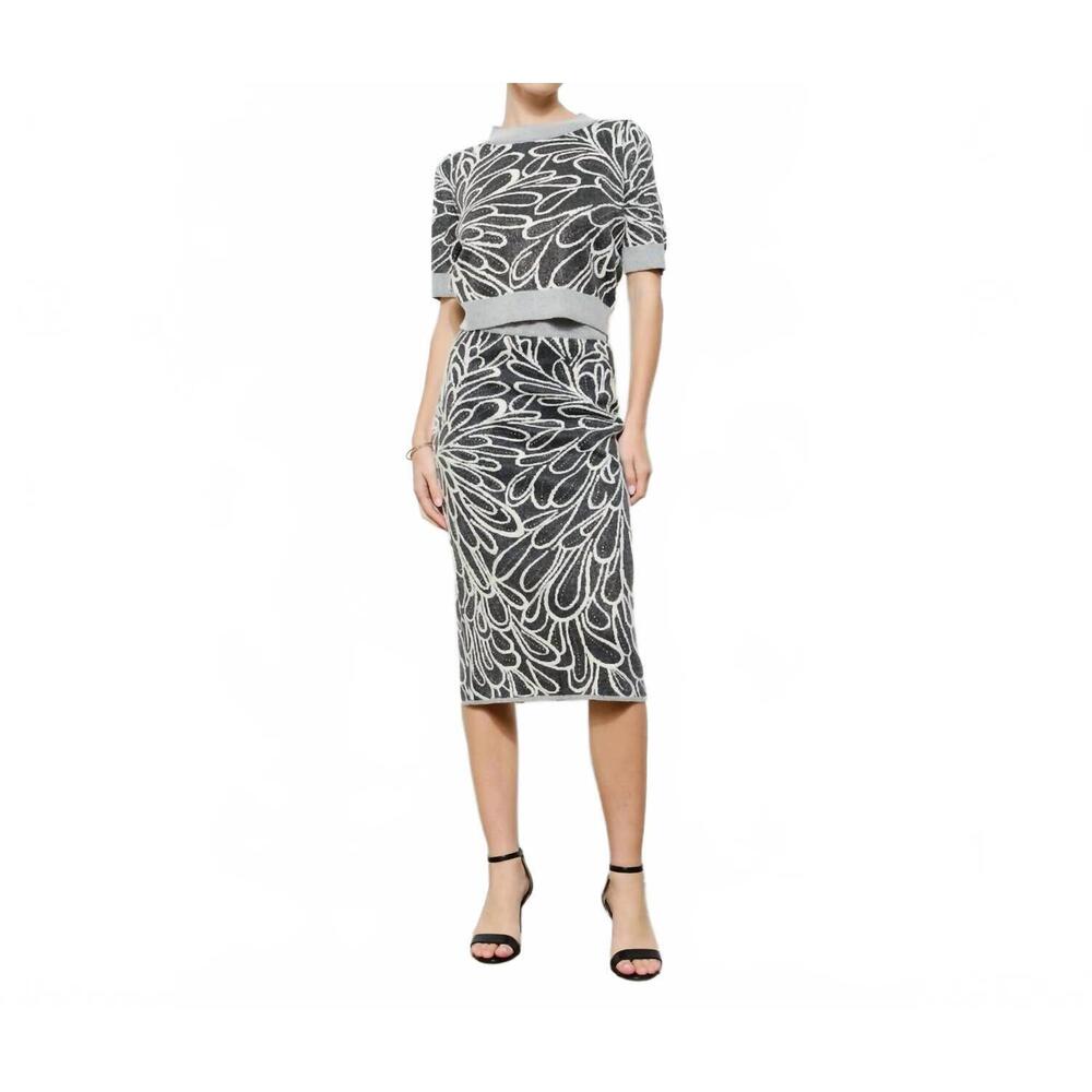 NEW INA FASHION glitter detail abstract jacquard knit top in charcoal